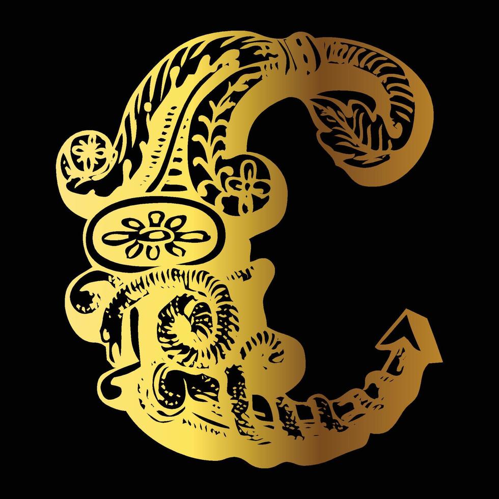 Golden color tattoo design C on black background vector