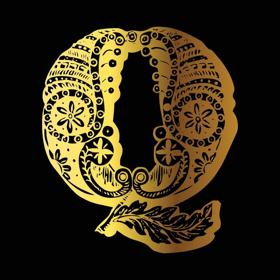 Golden color tattoo design Q on black background vector