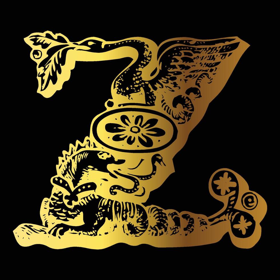 Golden color tattoo design Z on black background vector