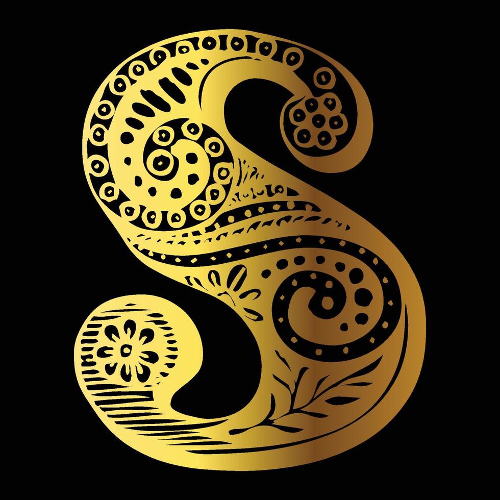Golden color tattoo design S on black background vector