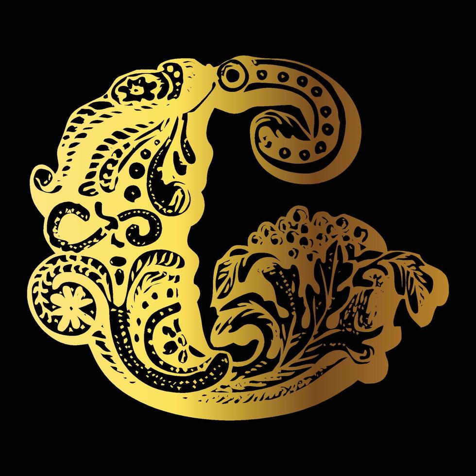 Golden color tattoo design G on black background vector