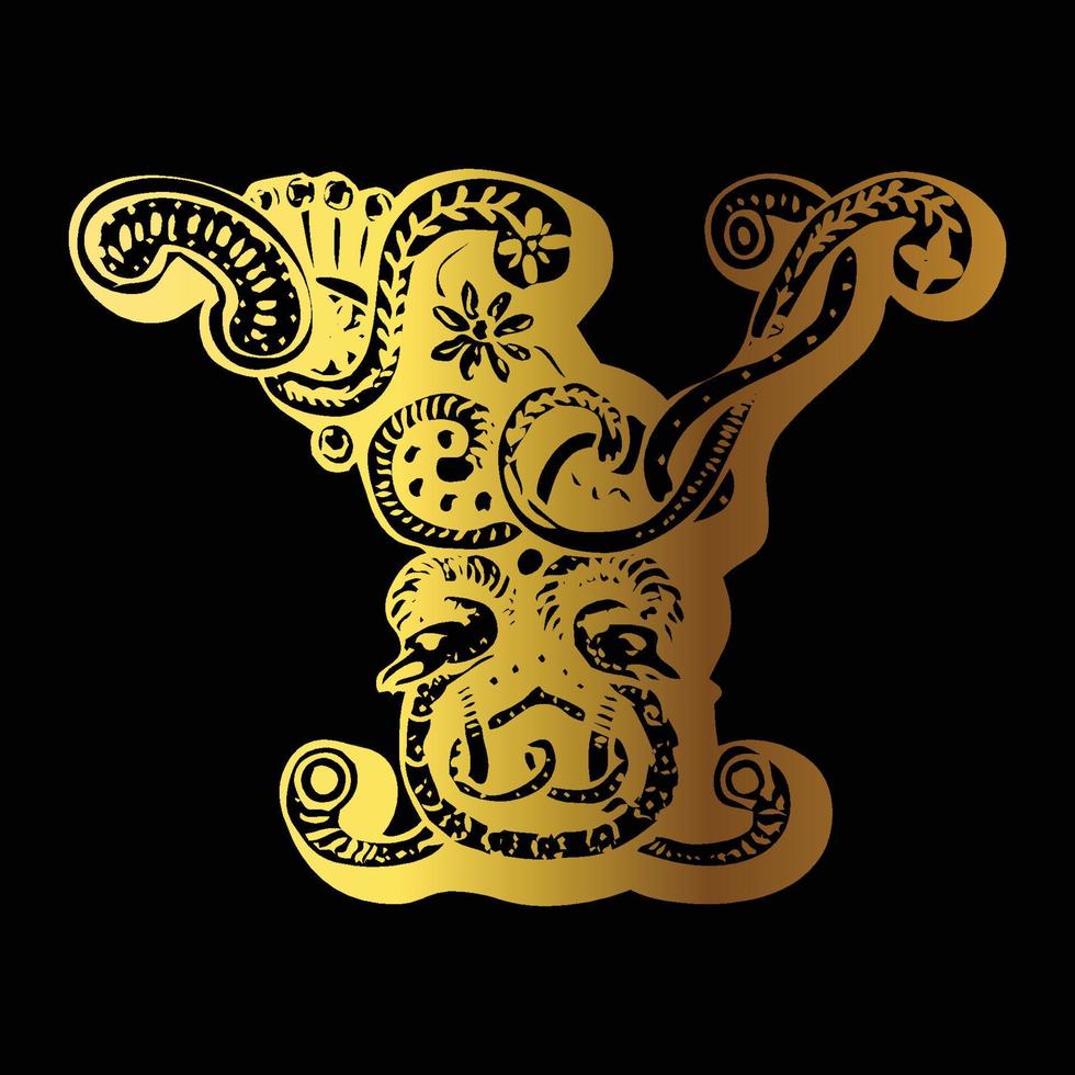 Golden color tattoo design Y on black background vector