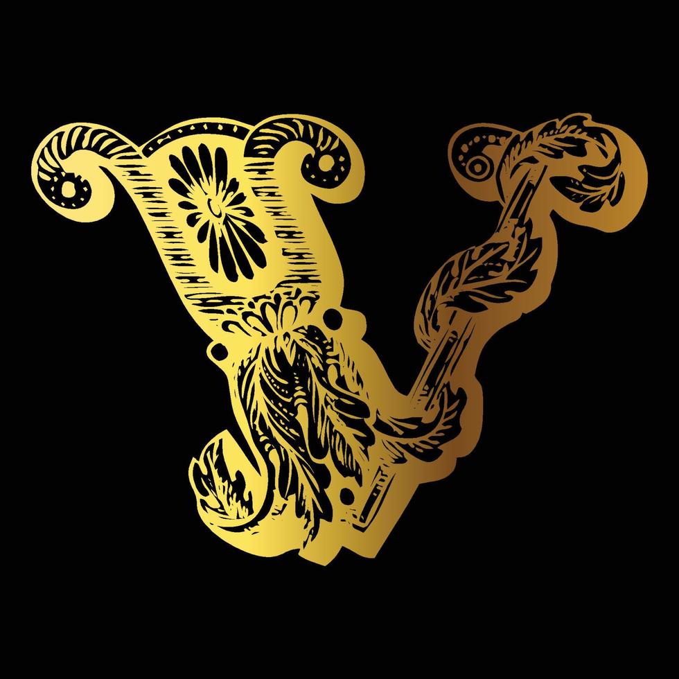 Golden color tattoo design V on black background vector