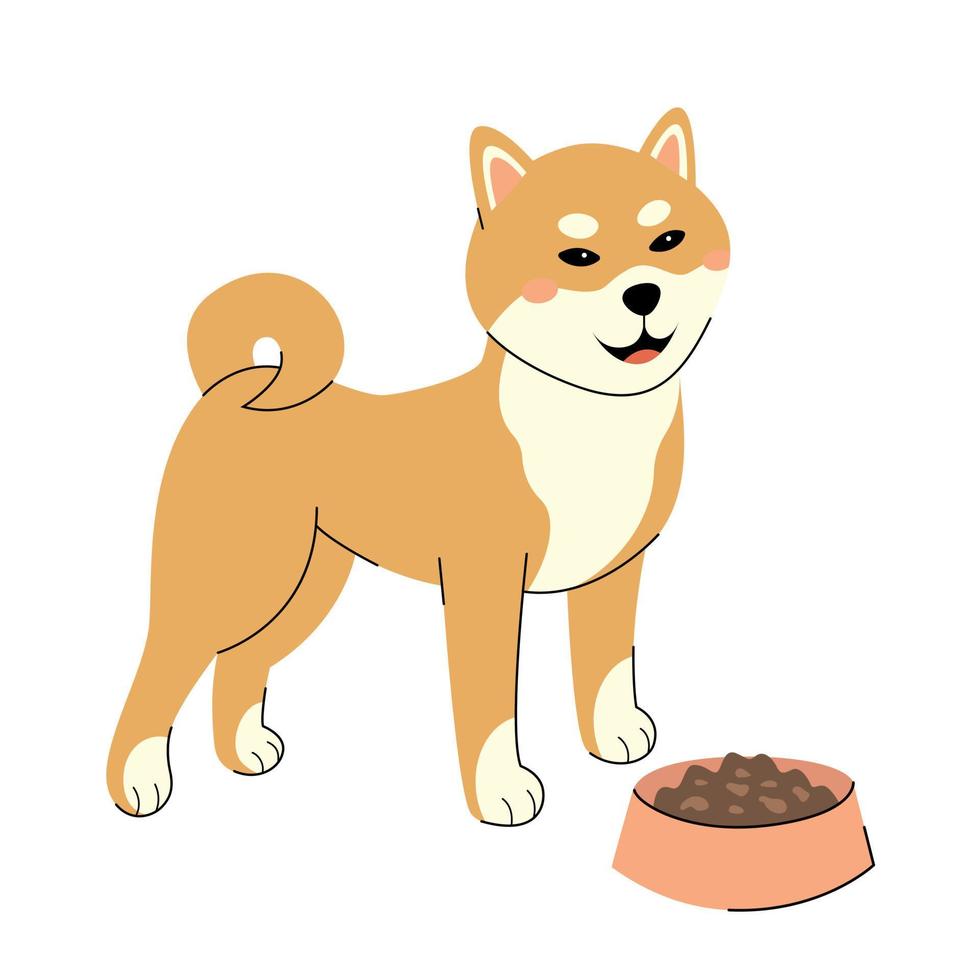 lindo shiba inu está de pie junto a un plato de comida. ilustración vectorial aislada en un fondo blanco con estilo dibujado a mano. perfecto para un blog de animales, tienda de mascotas o publicidad de refugios vector