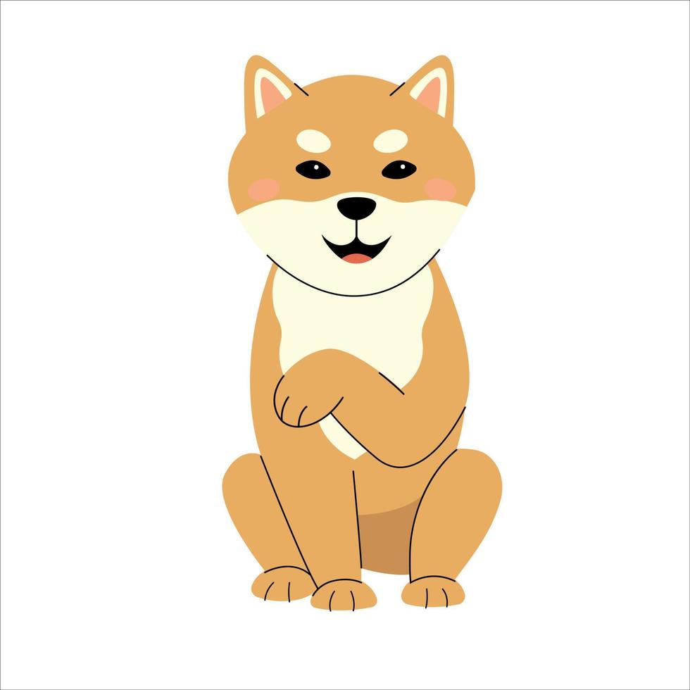 Cute shiba inu with raised paw isolated on a white background. Vector character in hand-drawn style. Perfect for a blog or shelter advertising. The nature of a thoroughbred dog. Friendly orange dog