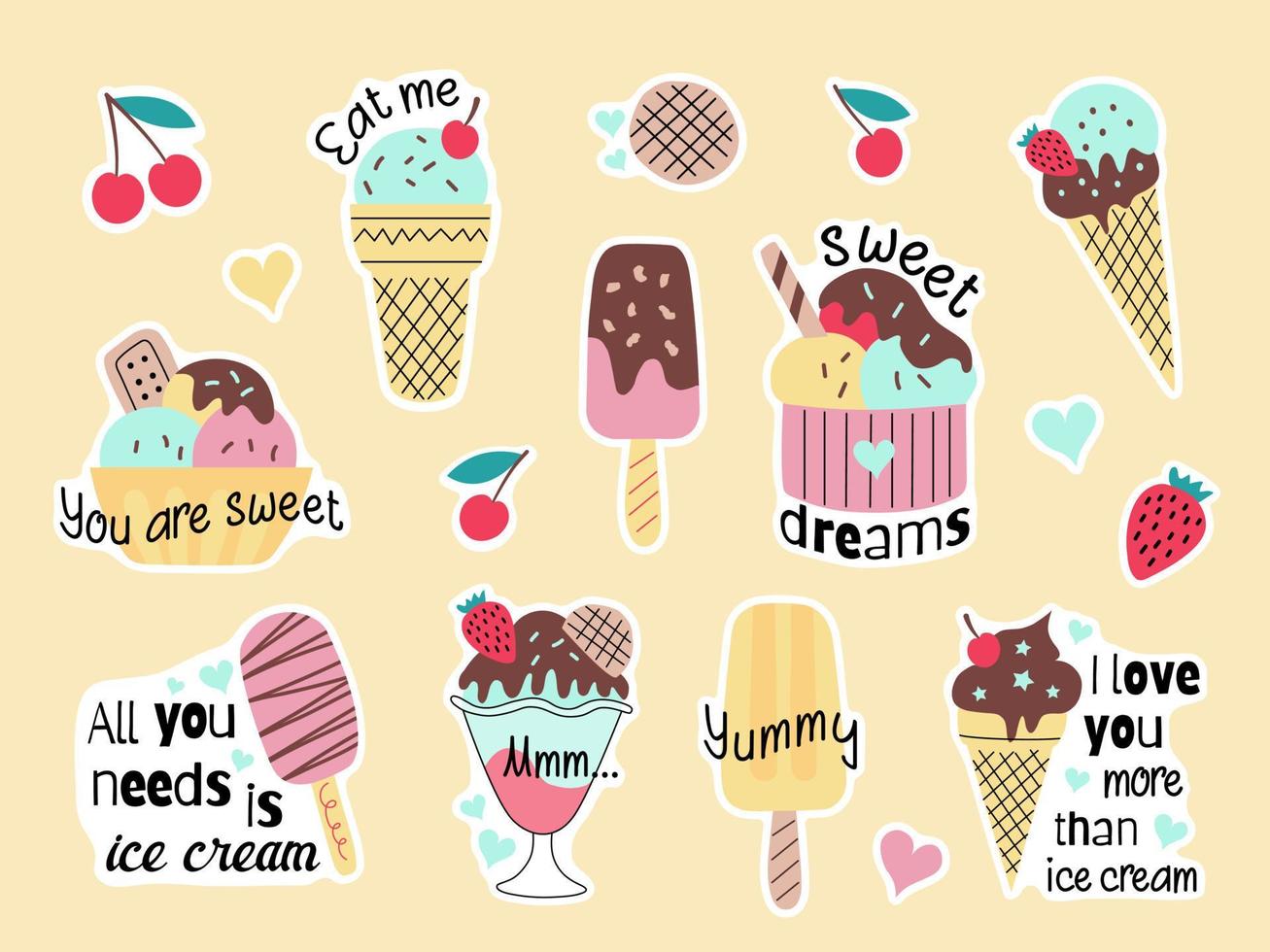 Sticker set of different types of ice cream and with funny quotes. Cute vector illustration in a hand-drawn flat style isolated on a white background