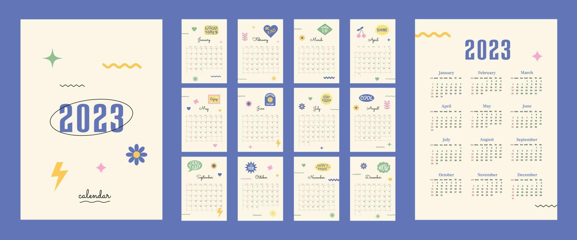 Calendar 2023 in 1990s style with square grid and retro stickers with positive phrases. Week start on Sunday. Set of 12 months, cover and one sheet of the year. Template for A4 A3 A5 size vector