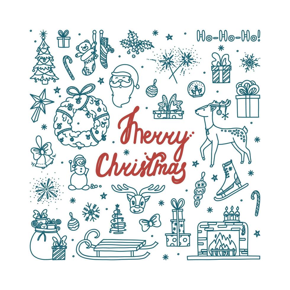 Christmas doodle with all holiday objects. Hand drawn Christmas sketch. Vector illustration