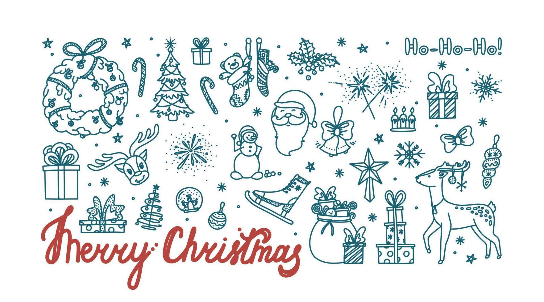 Christmas doodle card with all holiday objects. Hand drawn Christmas sketch. Vector illustration