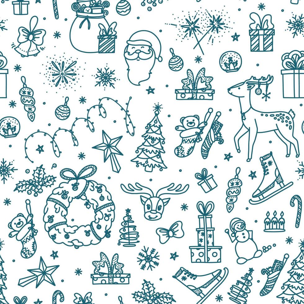 Christmas seamless pattern with toys, presents, reindeer and other objects. Background sketch on Christmas topic. Vector illustration