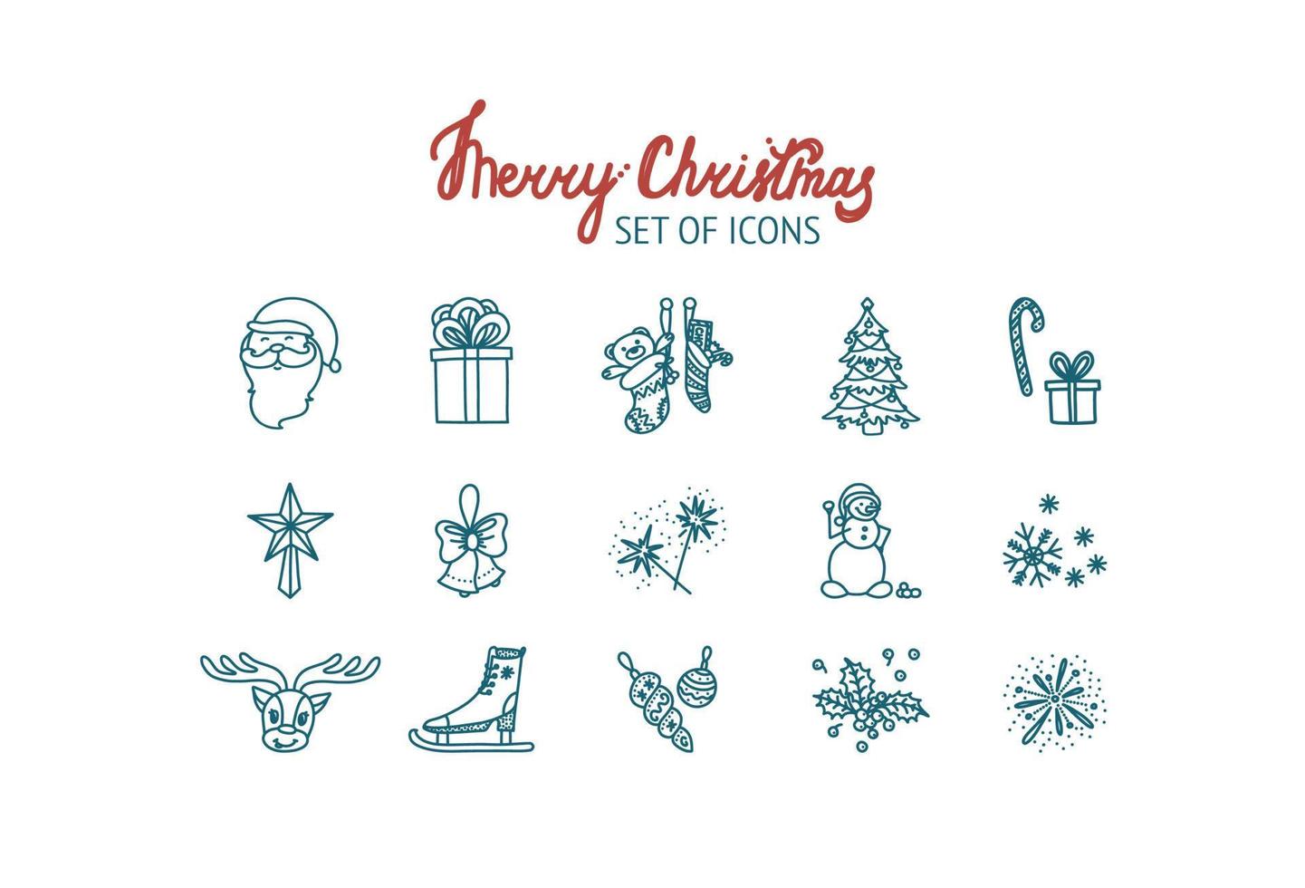 Set of Christmas icons with Santa Claus, present boxes, mistletoe, sparklers, snowman and other objects. Hand drawn Christmas doodle. Vector illustration