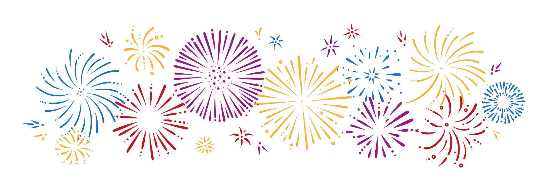 Colorful doodle firework set. Shiny foreworks for parties and celebrations. Vector illustration