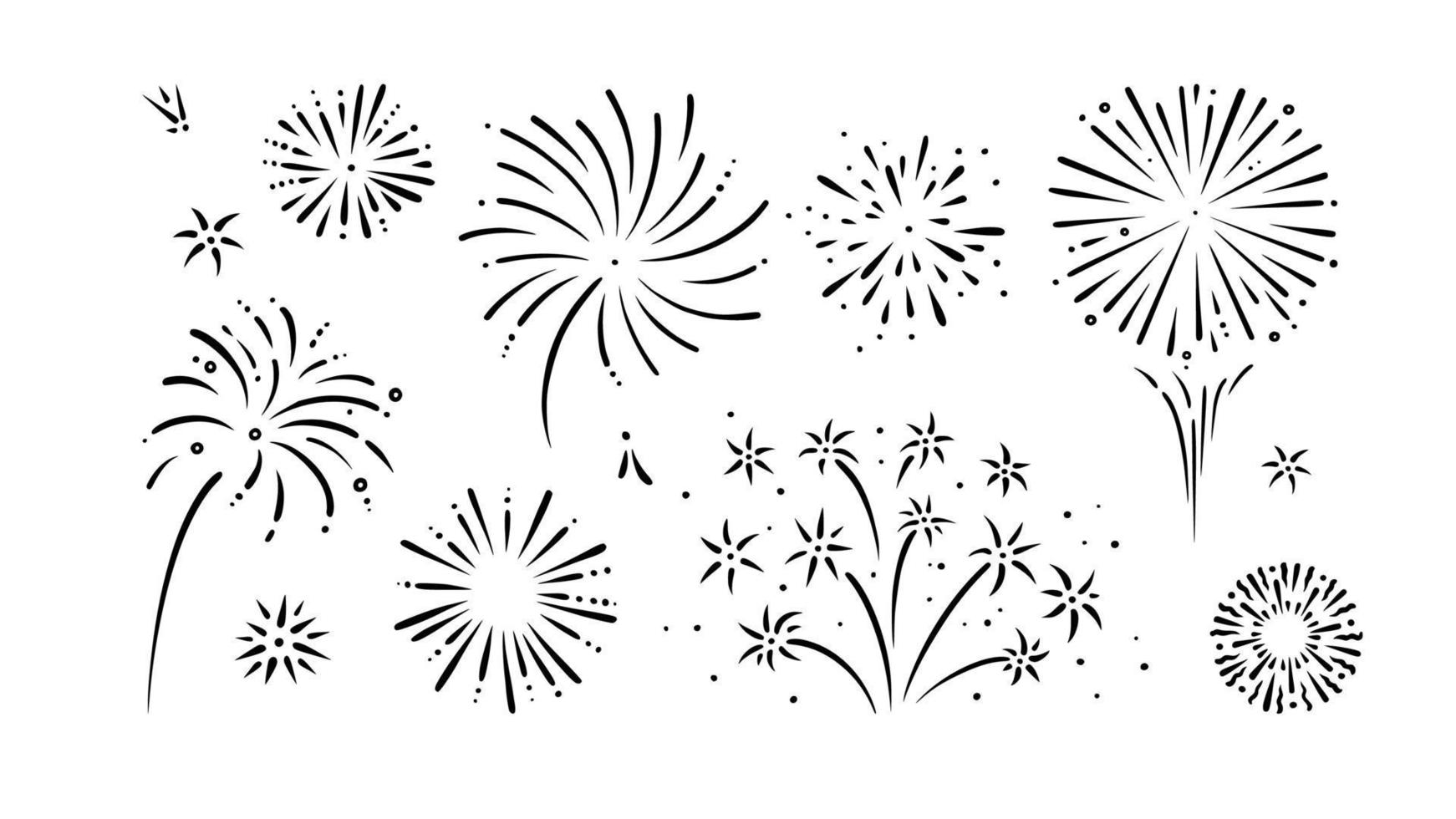 Doodle firework set. Shiny foreworks for parties and celebrations. Vector illustration