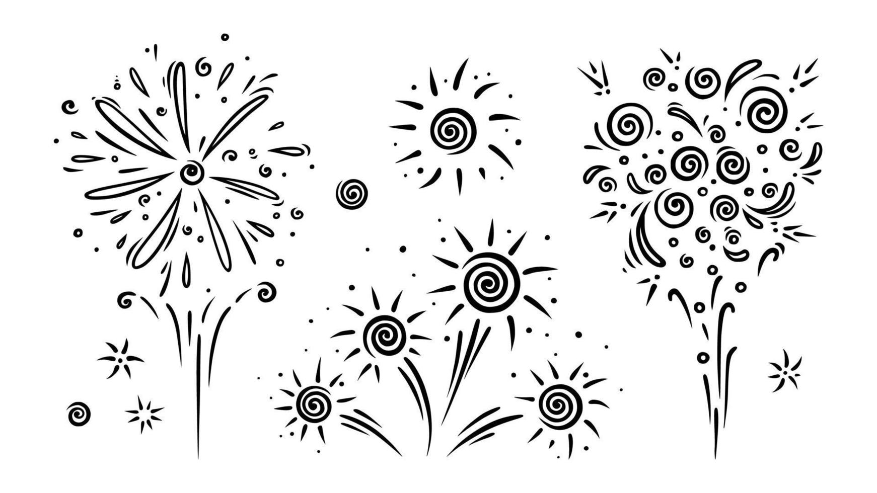 Doodle firework set. Shiny foreworks for parties and celebrations. Vector illustration