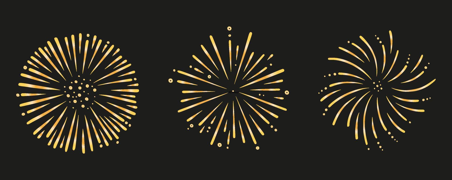 Golden firework set. Shiny foreworks for parties and celebrations. Vector illustration