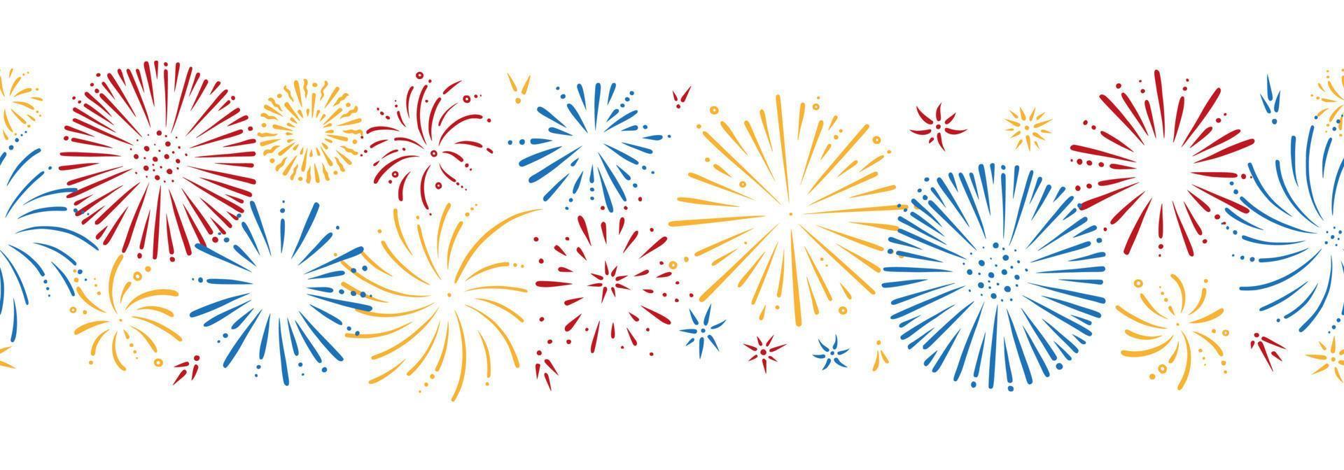 Doodle firework seamless pattern. Shiny foreworks for parties and celebrations. Vector illustration