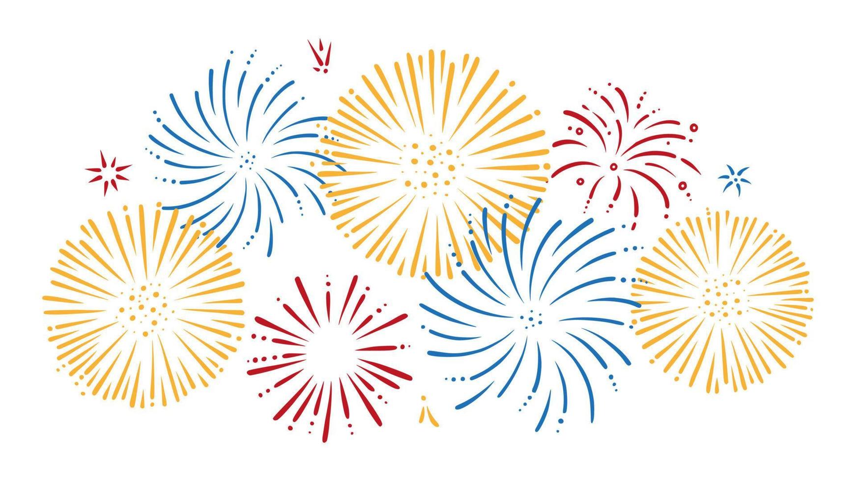 Colorful doodle firework set. Shiny foreworks for parties and celebrations. Vector illustration