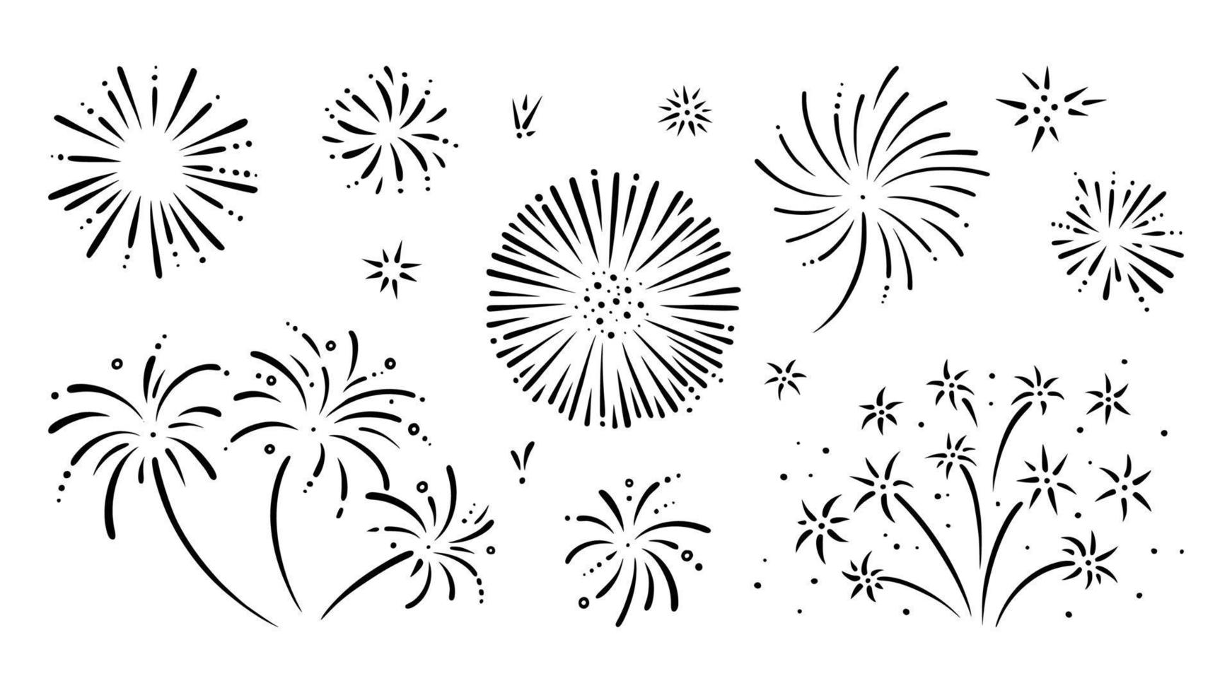 Doodle firework set. Shiny foreworks for parties and celebrations. Vector illustration