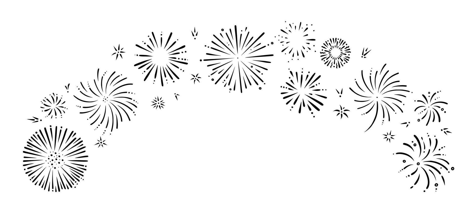 Doodle firework border. Shiny foreworks for parties and celebrations. Vector illustration