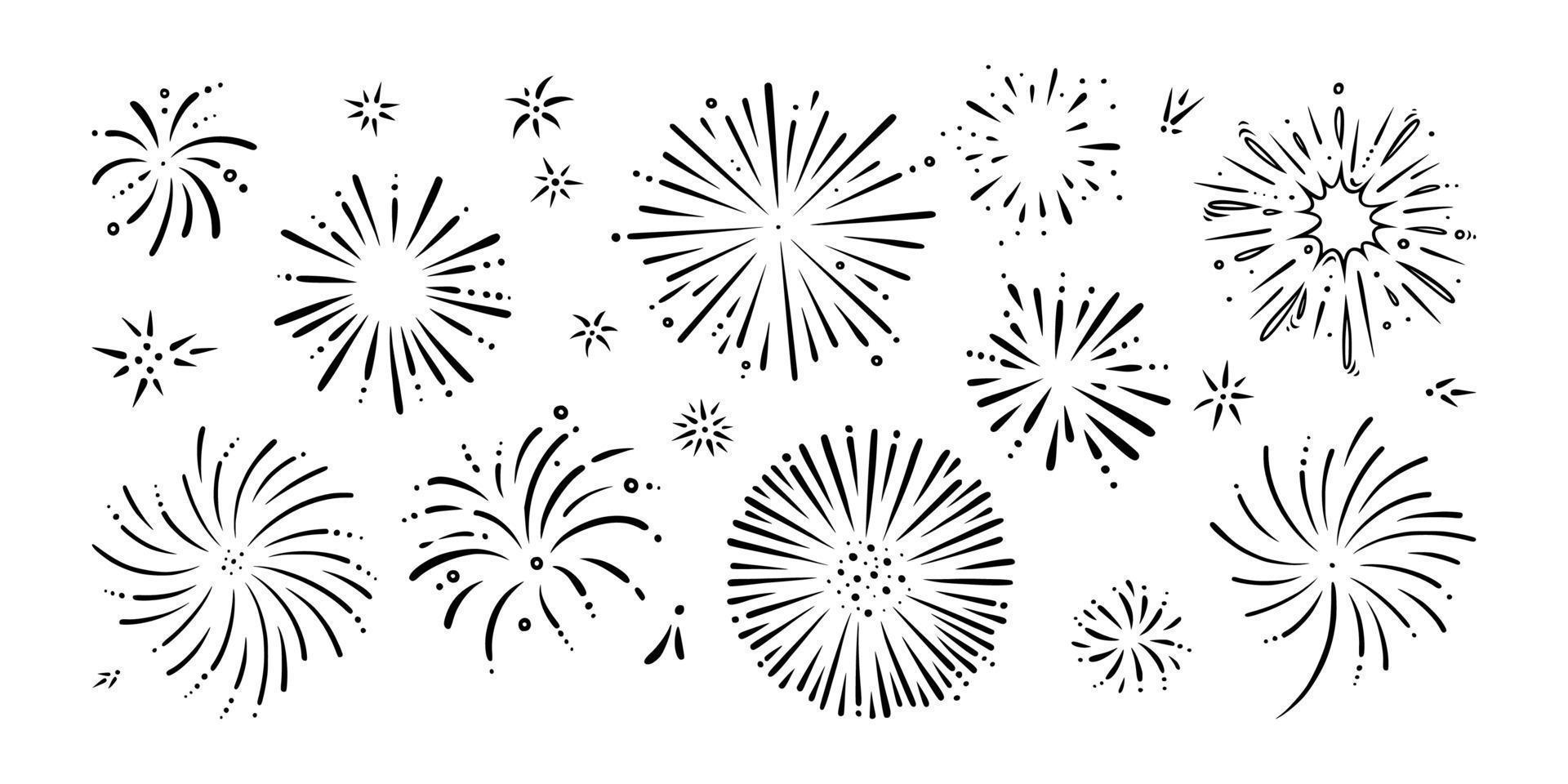 Doodle firework set. Shiny foreworks for parties and celebrations. Vector illustration