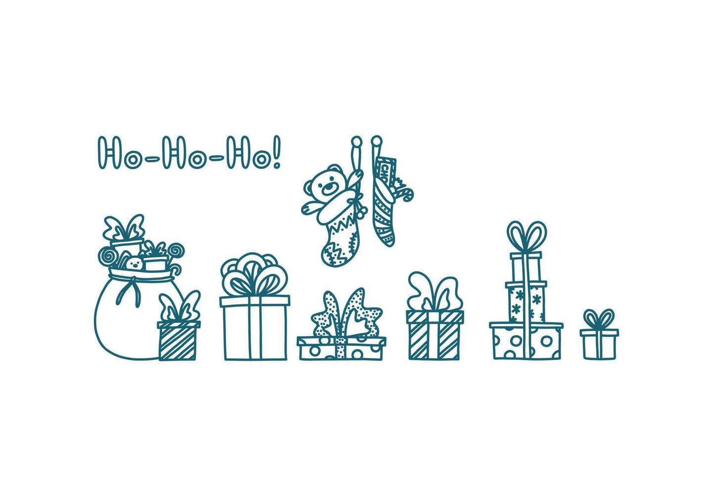 Christmas doodle with presents and toys. Hand drawn sketch with gift boxes. Vector illustration