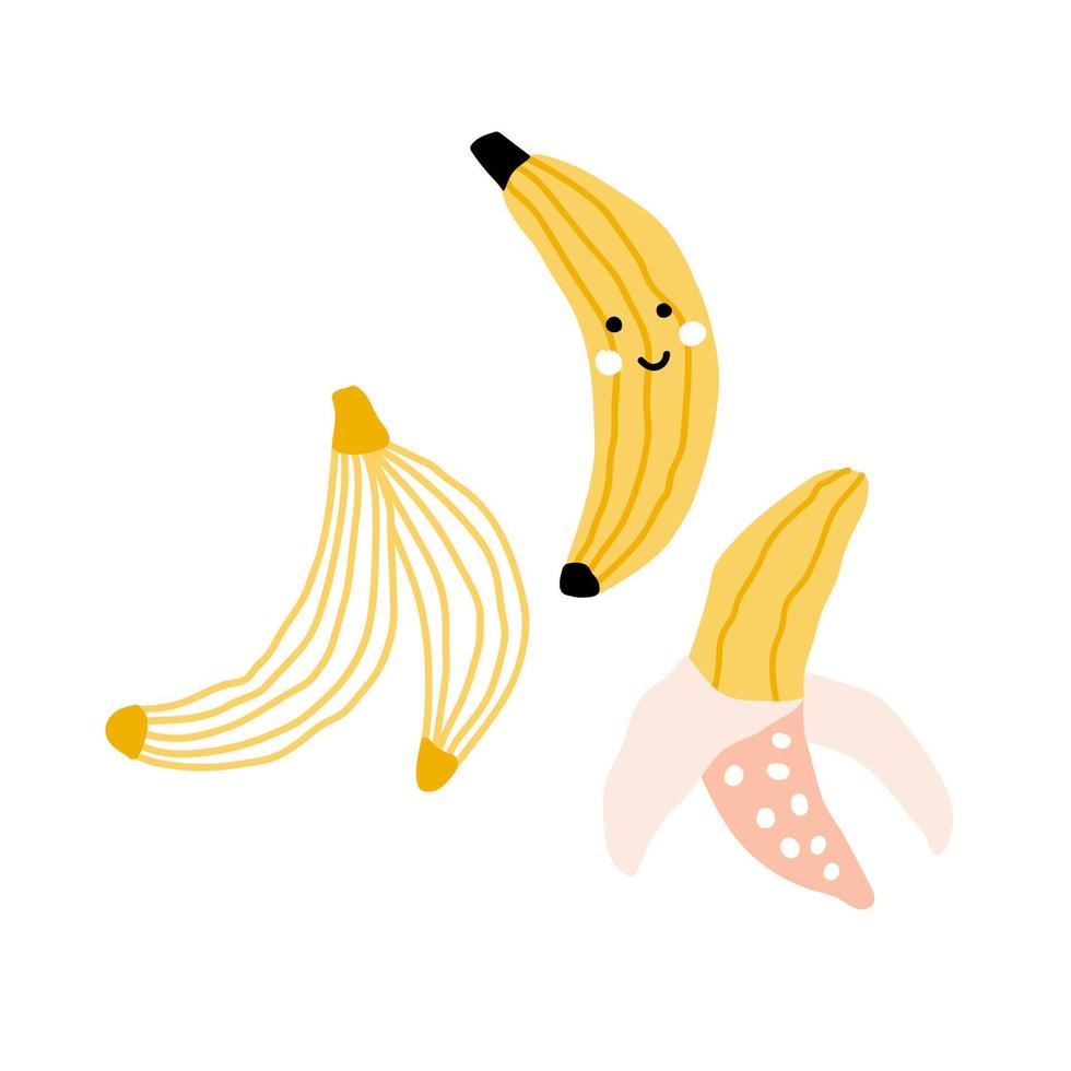 Vector illustration set of banana with a cute face. Hand-drawn fruits in pastel colors. Suitable for illustrating healthy eating, recipes, and local farm.