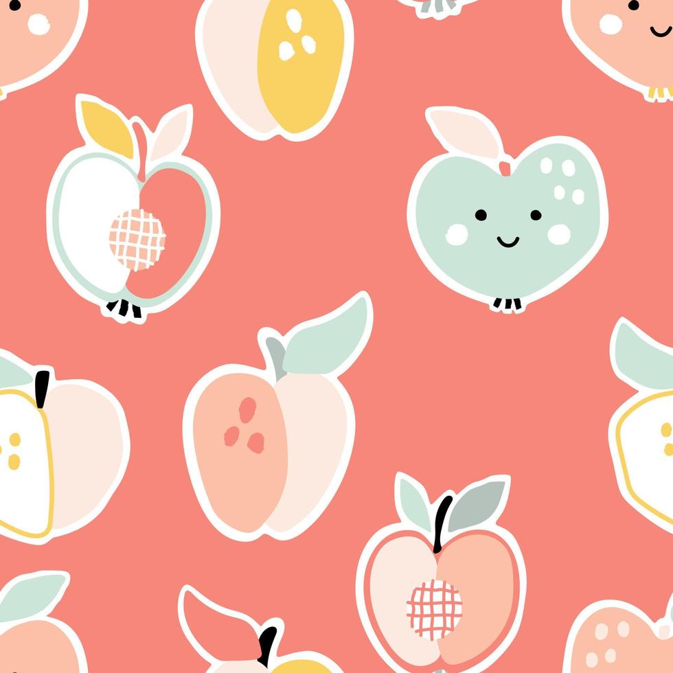 Smiling cartoon peaches stickers on pink background. Vector illustration of fruit characters for kitchen or nursery. Seamless pattern with cute food for use on textile or fabric