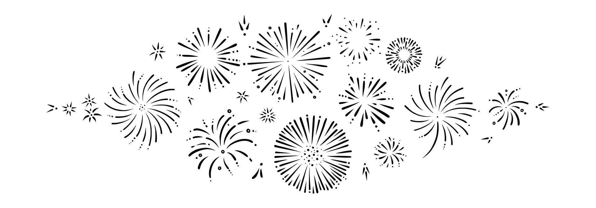 Doodle firework set. Shiny foreworks for parties and celebrations. Vector illustration