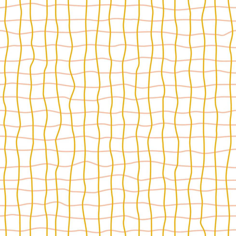 líneas a cuadros minimalistas con cuadrícula distorsionada rosa y naranja sobre fondo blanco. vector de fondo geométrico de patrones sin fisuras