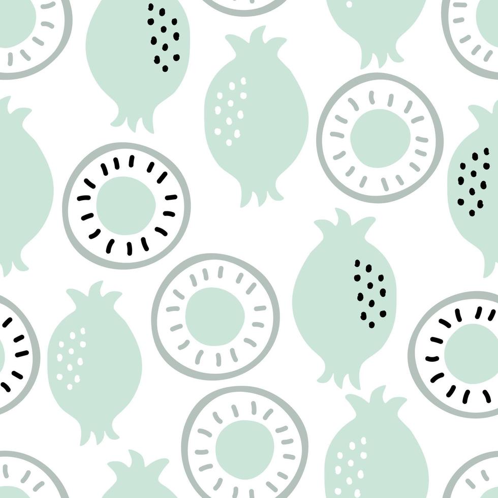Green simple cute kiwi on a white background. Vector seamless pattern with food for market poster or kitchen apron