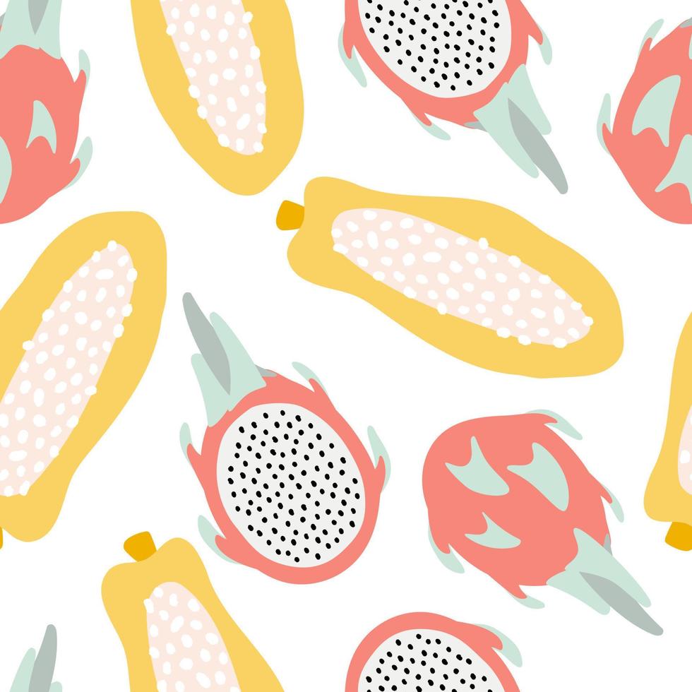 frutos de papaya y pitaya sobre un fondo blanco. Patrón transparente de vector de fruta con comida para banner de mercado o mantel de cocina