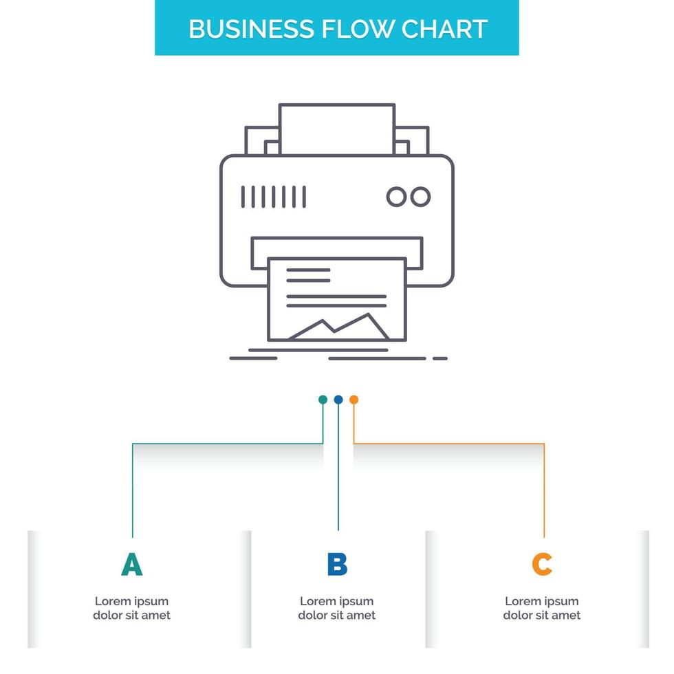 Digital. printer. printing. hardware. paper Business Flow Chart Design with 3 Steps. Line Icon For Presentation Background Template Place for text vector