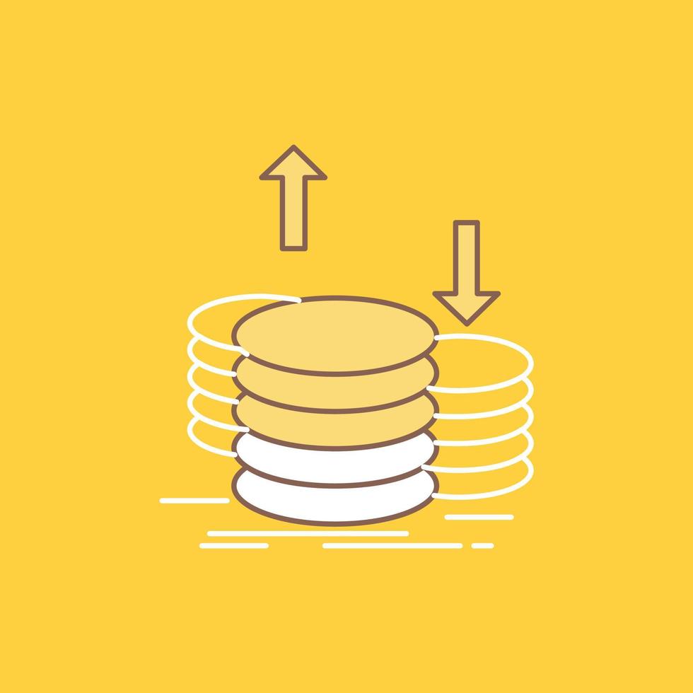 coins. finance. capital. gold. income Flat Line Filled Icon. Beautiful Logo button over yellow background for UI and UX. website or mobile application vector