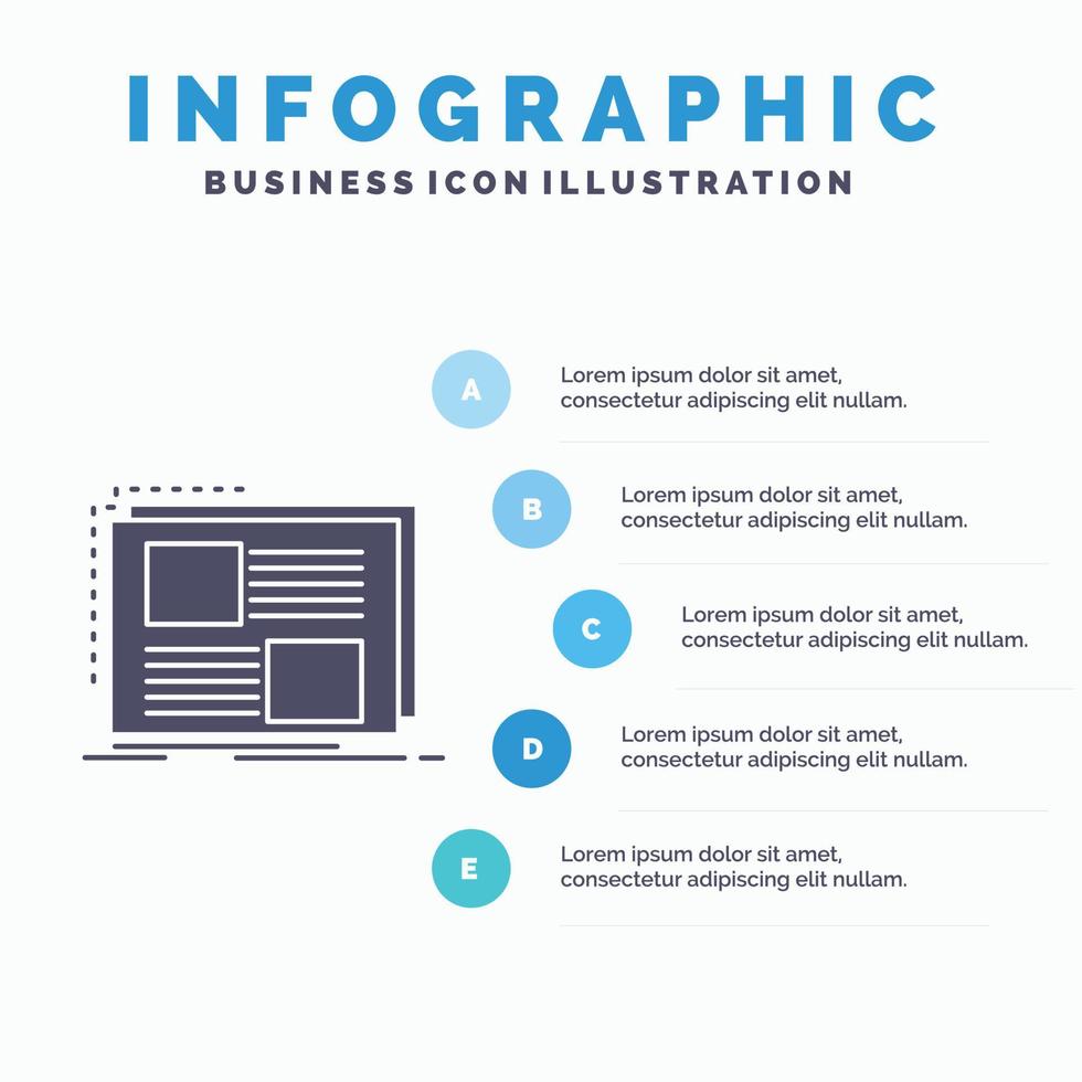 contenido. diseño. cuadro. página. plantilla de infografía de texto para sitio web y presentación. icono de glifo gris con ilustración de vector de estilo infográfico azul.