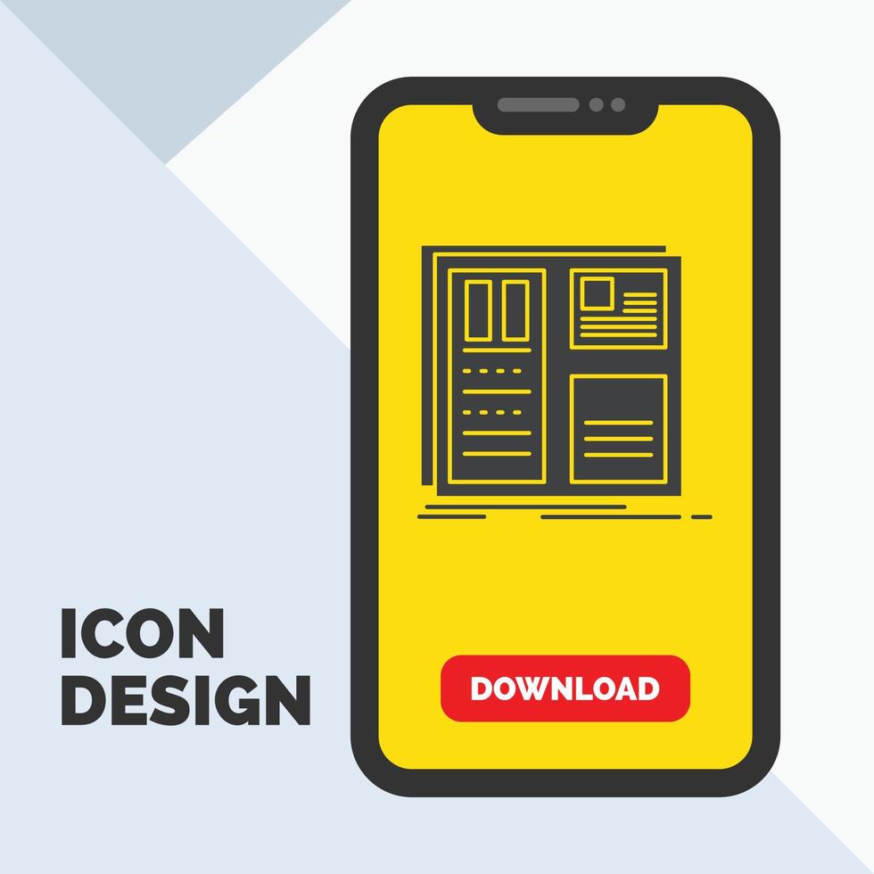 Design. grid. interface. layout. ui Glyph Icon in Mobile for Download Page. Yellow Background vector