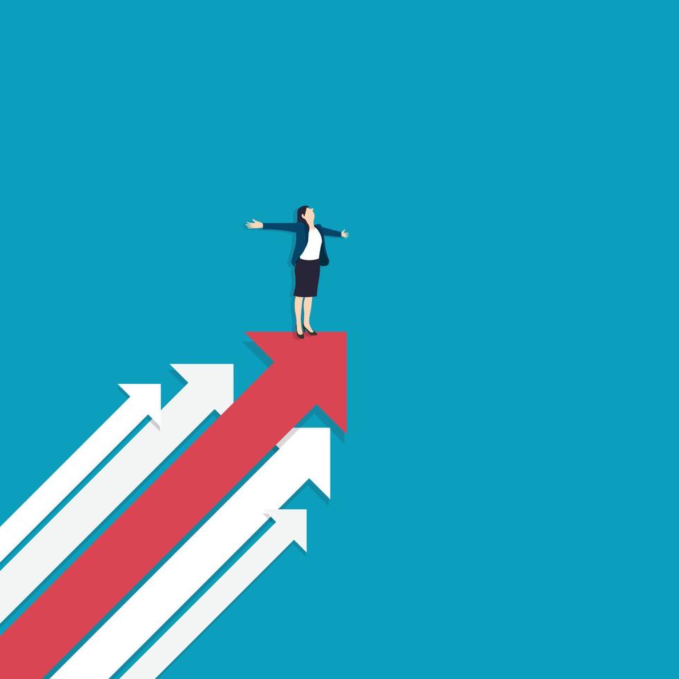 Businesswoman standing on red arrow up go to success in career. vector