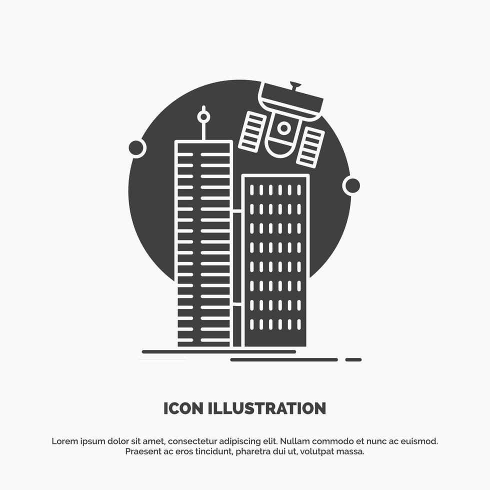 edificio. ciudad inteligente. tecnología. satélite. icono de la corporación. símbolo gris vectorial de glifo para ui y ux. sitio web o aplicación móvil vector