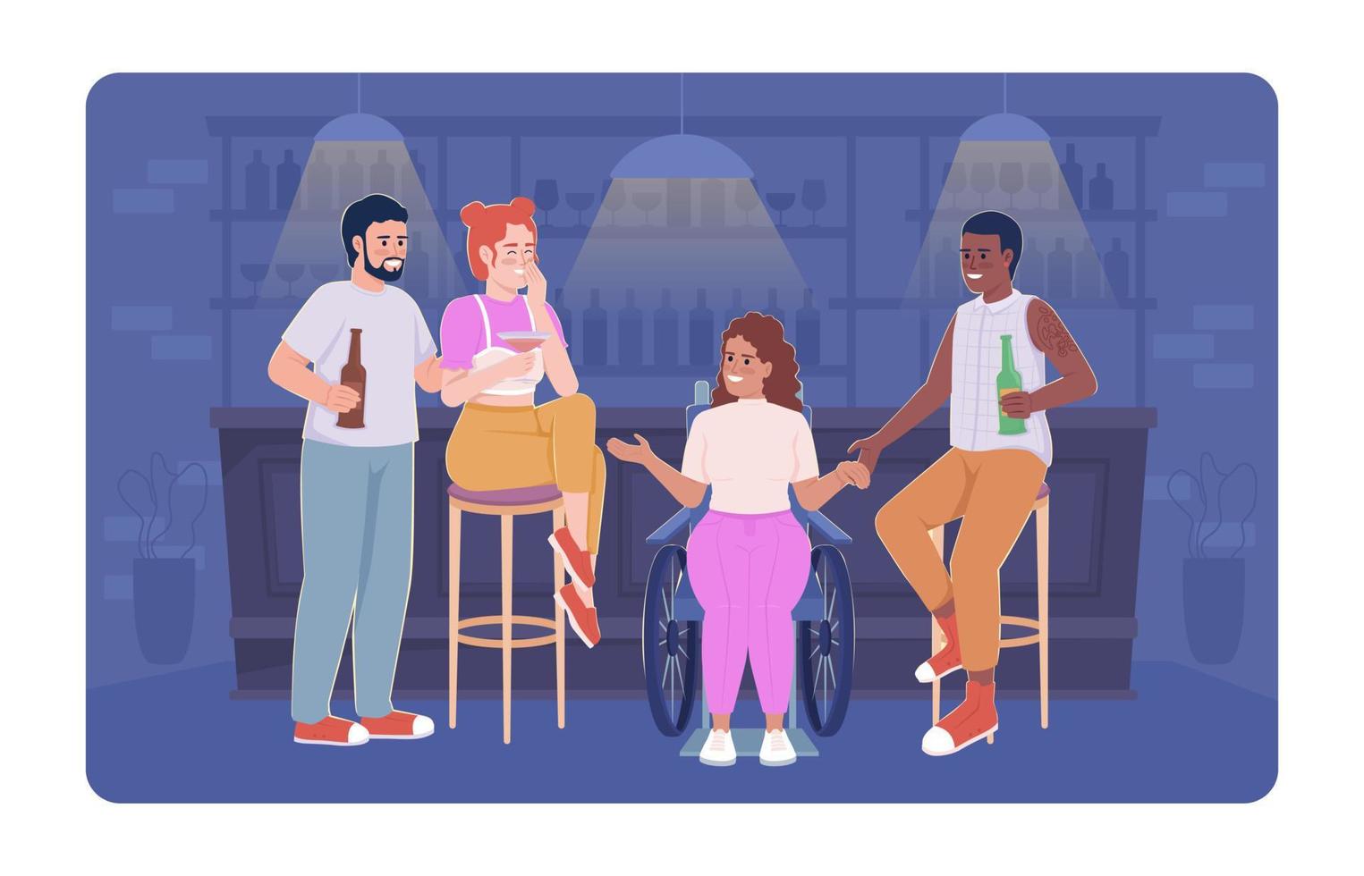 Friends having fun in bar 2D vector isolated illustration. Drinking beer and talking flat characters on cartoon background. Mates interaction colourful editable scene for mobile, website, presentation