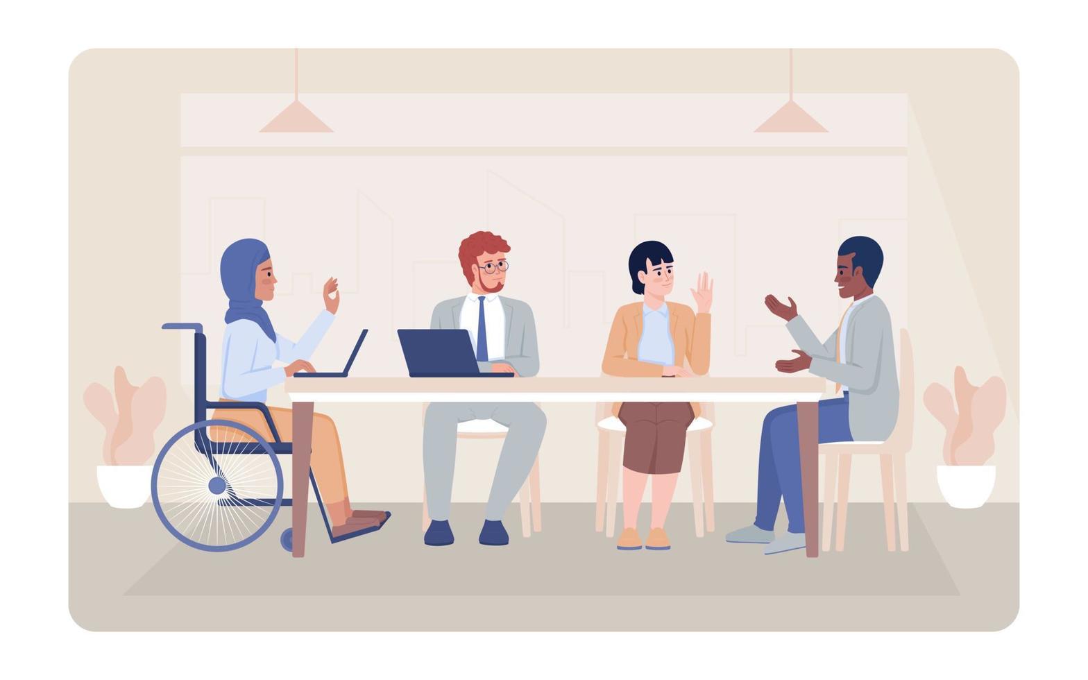 Business meeting 2D vector isolated illustration. Coworkers discussion flat characters on cartoon background. Collective work, cooperation colourful editable scene for mobile, website, presentation