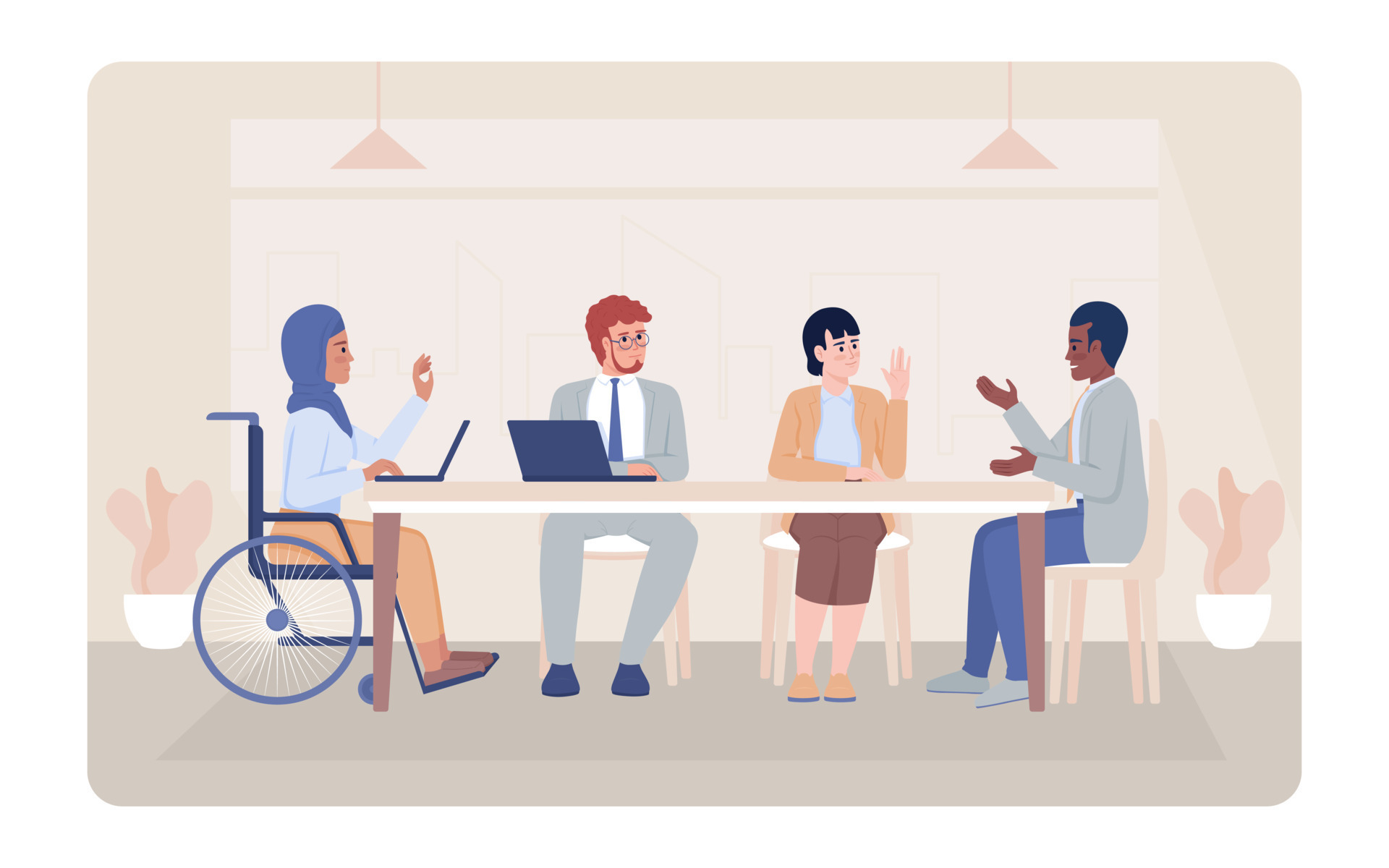Business meeting 2D vector isolated illustration. Coworkers discussion
