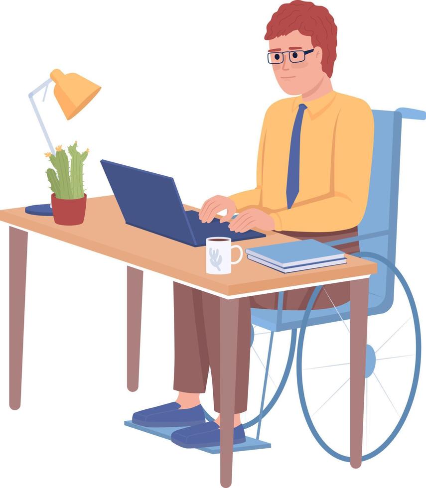 Disabled person at work semi flat color vector character. Editable figure. Full body person on white. Office workspace simple cartoon style illustration for web graphic design and animation