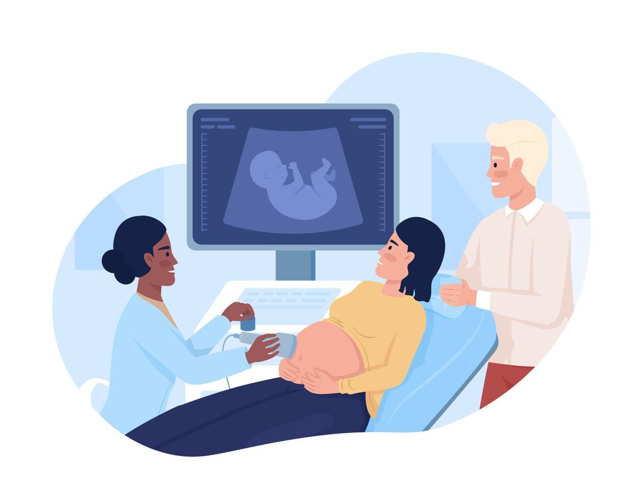 pareja en ecografía de bebé 2d vector ilustración aislada. personajes planos de atención prenatal en el fondo de dibujos animados. escena editable colorida de atención médica para móvil, sitio web, presentación