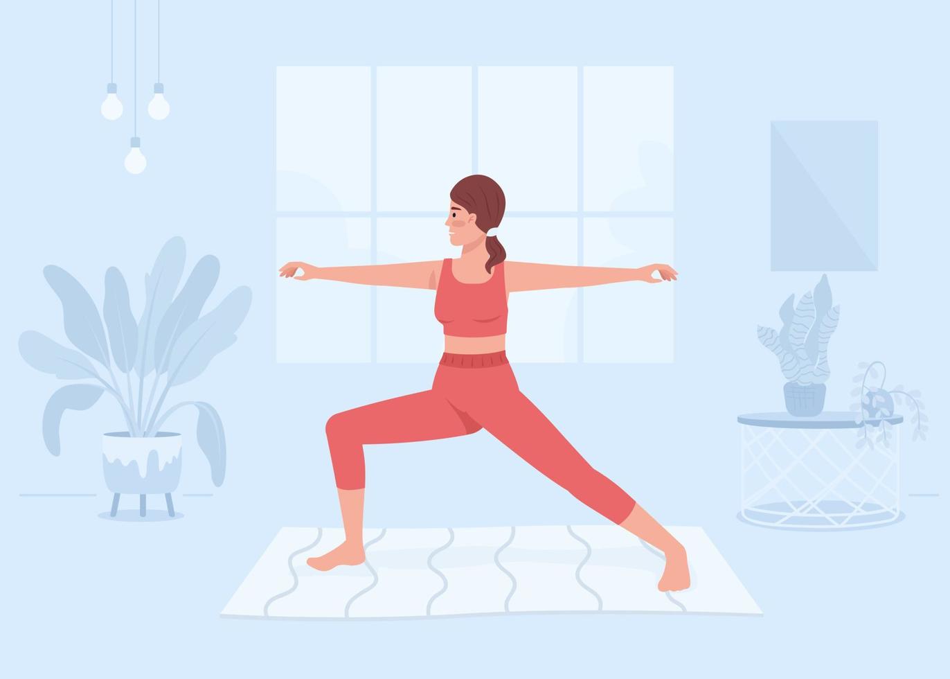 mujer practicando yoga en casa ilustración vectorial de color plano. actividad deportiva ejercicios para el cuerpo y la mente. personaje de dibujos animados simple 2d completamente editable con interior doméstico en el fondo vector