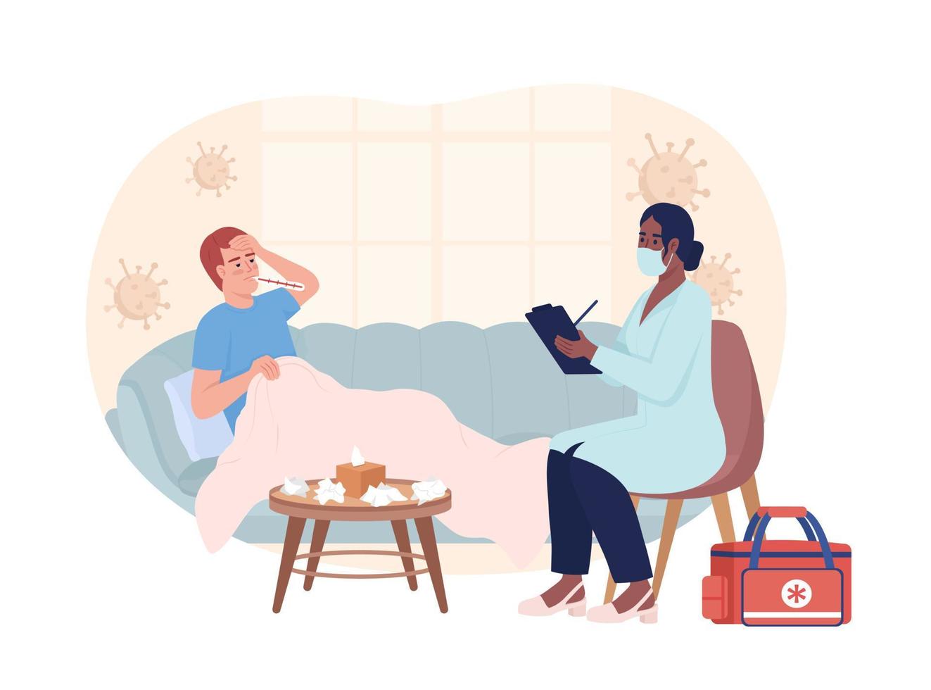 Doctor visiting patient with viral disease 2D vector isolated illustration. Medical care flat characters on cartoon background. Colourful editable scene for mobile, website, presentation