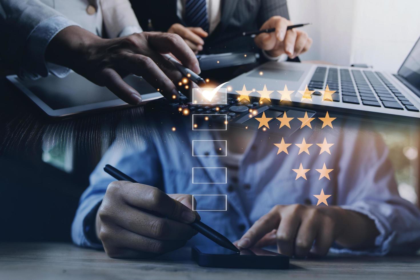 Customer evaluation feedback.men in suit Giving Positive Review for Client's Satisfaction Surveys.giving a five star rating. Service rating, satisfaction concept photo