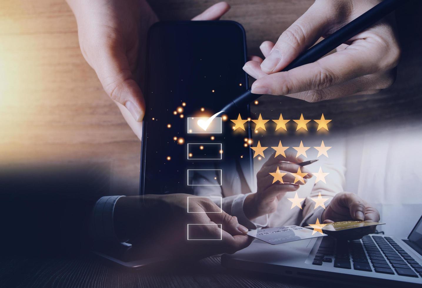 Customer evaluation feedback.men in suit Giving Positive Review for Client's Satisfaction Surveys.giving a five star rating. Service rating, satisfaction concept photo