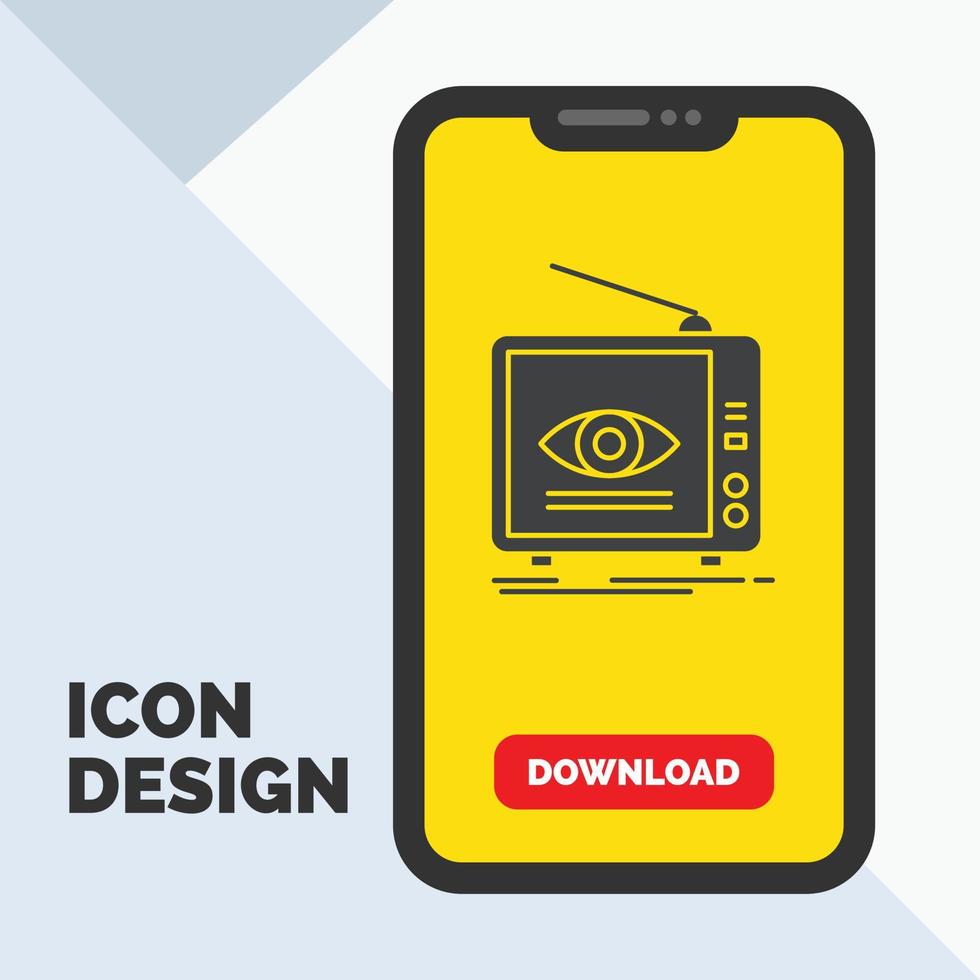 anuncio. transmisión. marketing. televisión. icono de glifo de tv en el móvil para la página de descarga. fondo amarillo vector