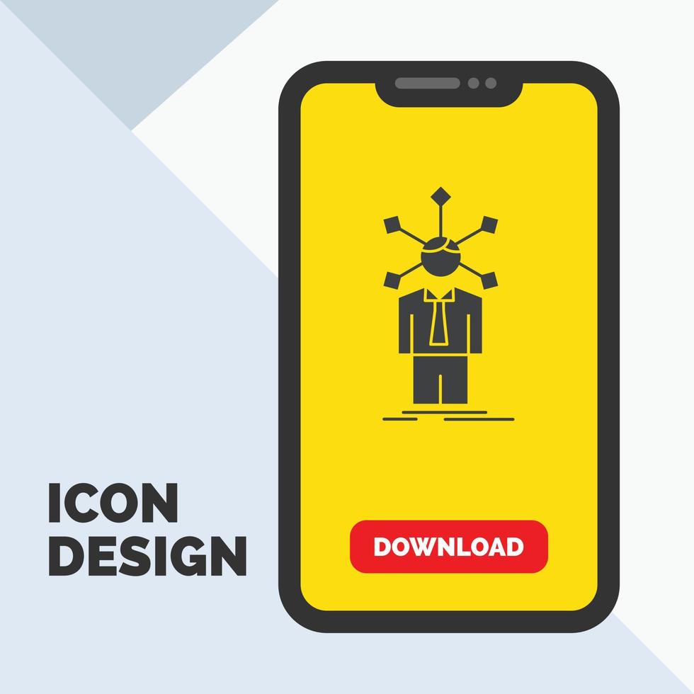 desarrollo. humano. la red. personalidad. icono de autoglifo en el móvil para la página de descarga. fondo amarillo vector