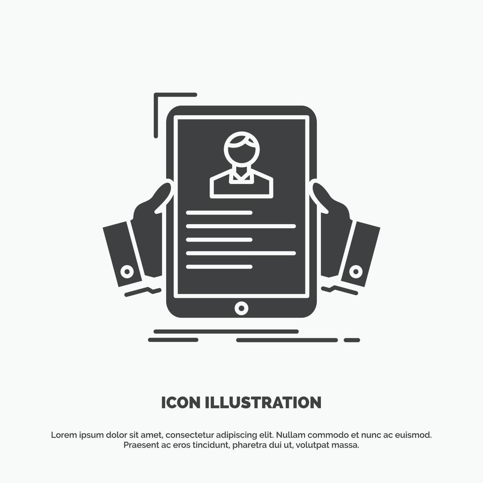 reanudar. empleado. contratación. hora icono de perfil símbolo gris vectorial de glifo para ui y ux. sitio web o aplicación móvil vector