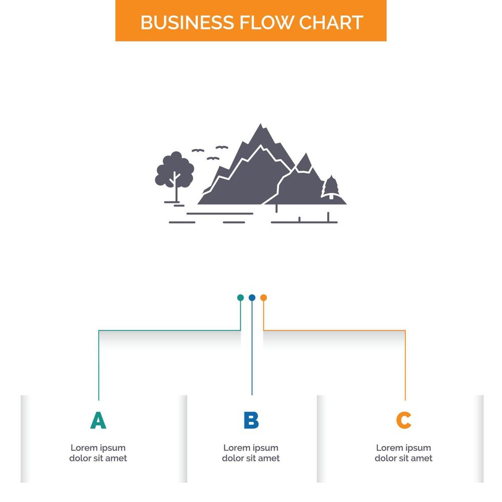Cerro. paisaje. naturaleza. montaña. diseño de diagrama de flujo de negocio de árbol con 3 pasos. icono de glifo para el lugar de plantilla de fondo de presentación para texto. vector
